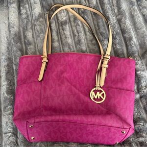 Michael Kors Pink and Tan Tote Bag with Signature Monogram